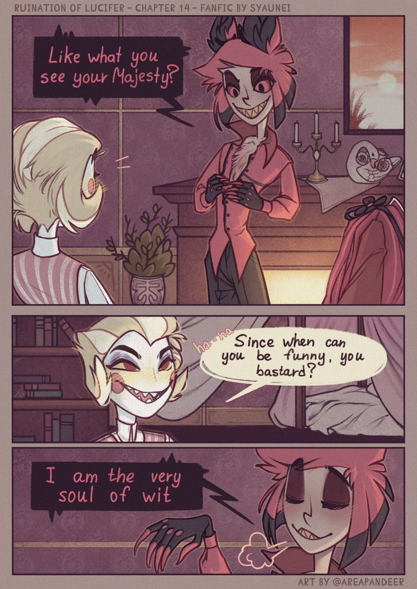 When I first read it I found this moment very funny. I spent so much time to draw it qwq
But I did it! 

Illustration by fanfic @Syaunei
Read it if you want an excellent emotional swing. I highly recommend it, I enjoy it))

#HazbinHotel #RadioApple #Alastor #LuciferMorningstar