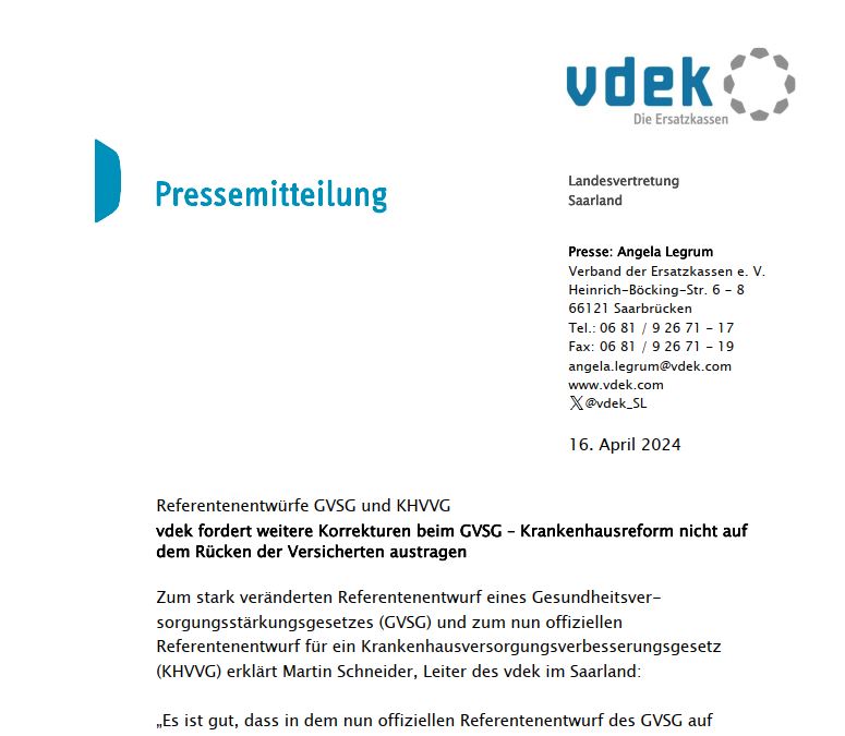 PM #vdek_SL zu den Referentenentwürfen #GVSG & #KHVVG🔎: #vdek fordert weitere Korrekturen✍️, denn Reformen sind kein Selbstzweck, sie müssen die Versorgung qualitativ verbessern & sich am Bedarf der Menschen ausrichten. @BMG_Bund @MASFG_SL 👉vdek.com/LVen/SAA/Press…