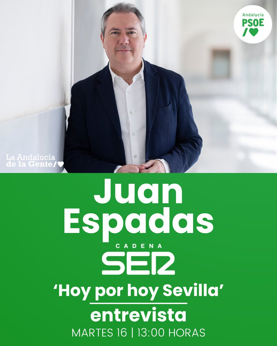 📻 Hoy @_JuanEspadas estará en @HoyPorHoy @RadioSevilla, en la 103.2 FM ⏰13.00 horas 🔊Síguelo online desde cadenaser.com/radio-sevilla/