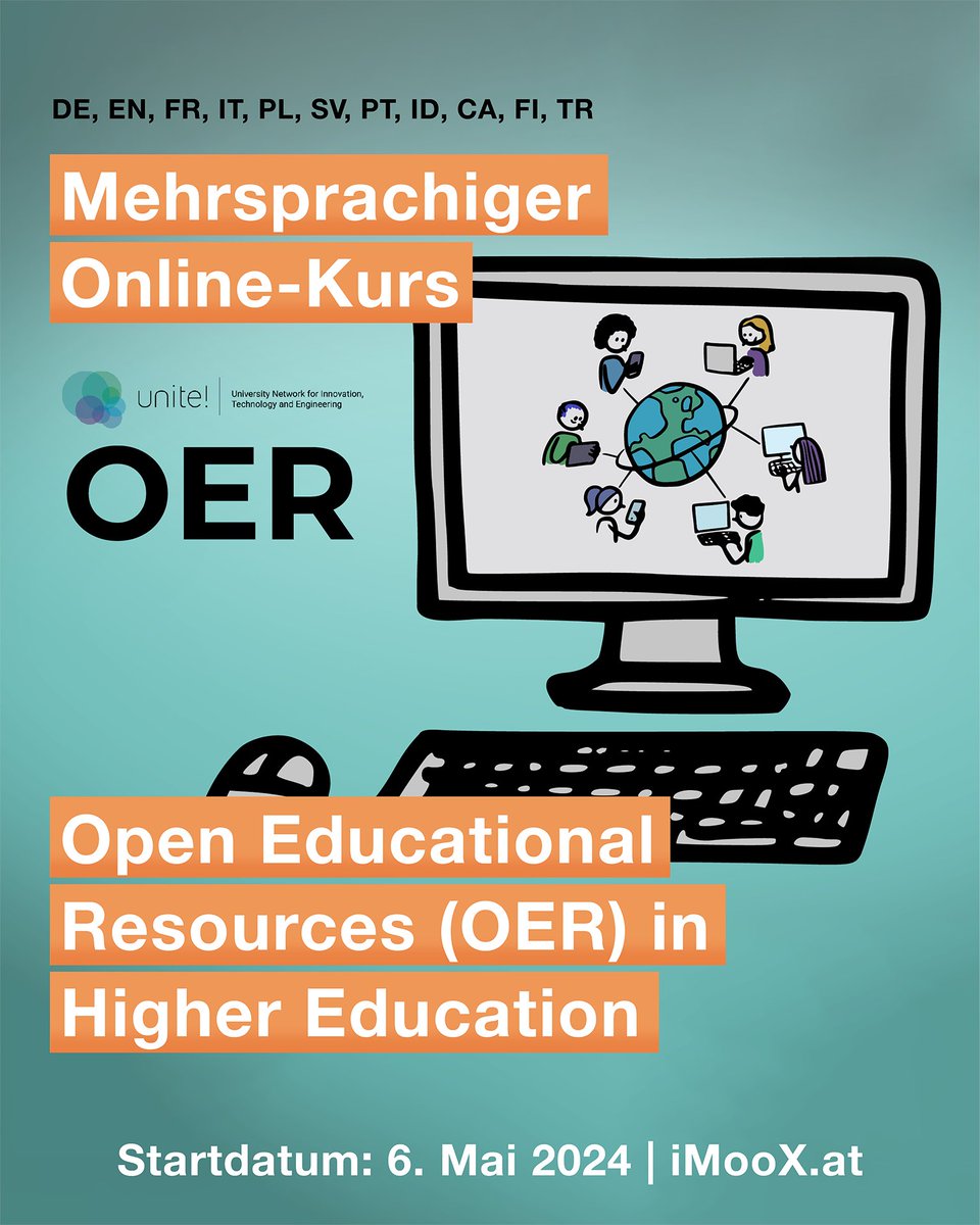 Lehr- und Lerntechnologien - TU Graz (@llt_tugraz) on Twitter photo #iMooX #MOOC #OER #creativecommons <a href="/Unite_tech_univ/">Unite! Alliance</a>
🚀 Brandneu & Kostenlos! 🌍
🎓 Egal, ob du neu in der Welt der Open Educational Resources bist oder deine Kenntnisse vertiefen möchtest, dieser Kurs ist für jeden geeignet.
👉 Melde dich jetzt an imoox.at/course/OERinHE 👈 #iMooX #MOOC #OER #creativecommons <a href="/Unite_tech_univ/">Unite! Alliance</a>
🚀 Brandneu & Kostenlos! 🌍
🎓 Egal, ob du neu in der Welt der Open Educational Resources bist oder deine Kenntnisse vertiefen möchtest, dieser Kurs ist für jeden geeignet.
👉 Melde dich jetzt an imoox.at/course/OERinHE 👈