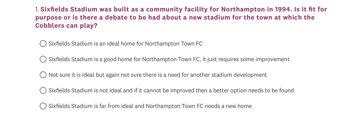 Question 1 is an interesting one, for a County of 750k with no league rivals. Cobblers draw in less than 1% of that and the ground can hold only slightly more than 1%. Is Sixfields up to scratch, what sort of attendances could be viable? #ntfc @ntfc_trust