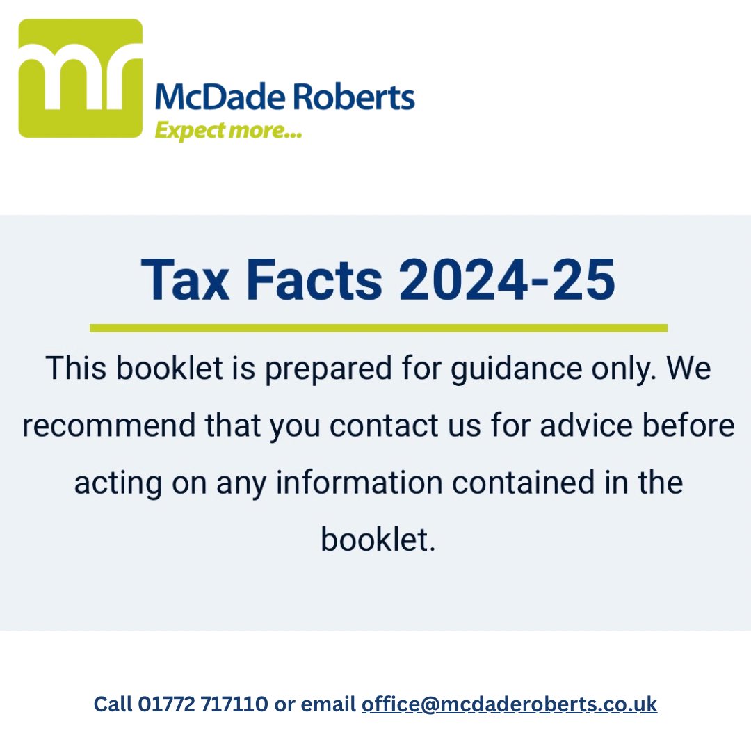 Tax Facts 2024-25 downloads from McDade Roberts 👇 

mcdaderoberts.co.uk/resources/down…

#tax #advice #info #taxfacfs #accountant #accountants #businessaccounts #businesstax #taxes #personaltax #retirement #investment #investmentrelief #nic #capitalgainstax #inheritance #property #vat