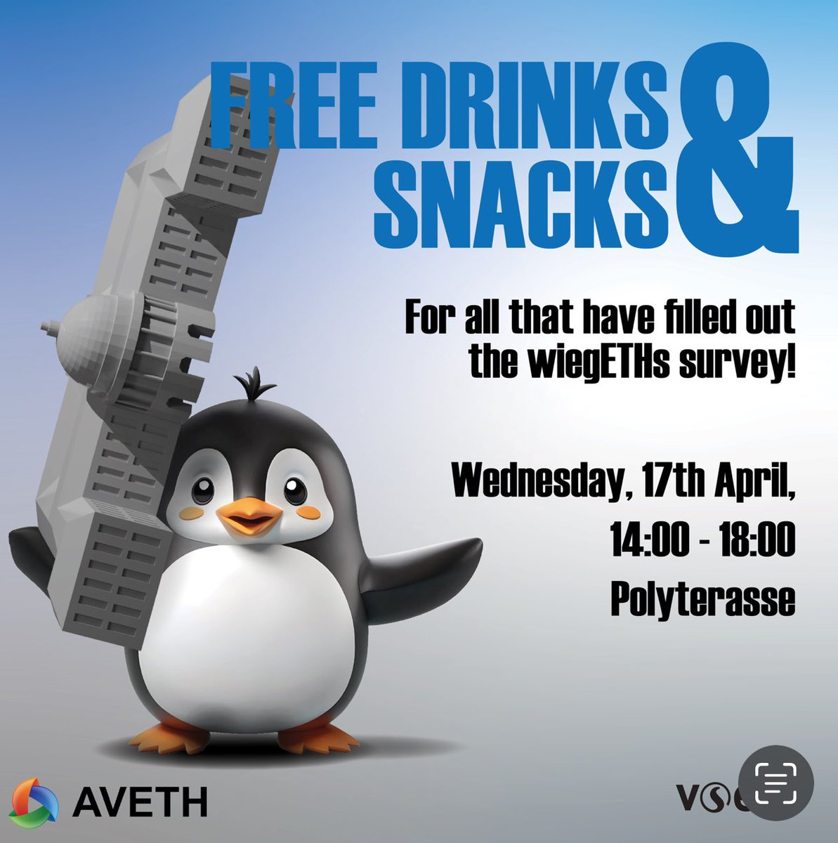 #WiegETHs slided in your inbox! 🤩 Have you already filled in the survey? For all that already filled in the survey, come by the Polyterrasse on Wednesday, 17 April, to pick up a free drink and snacks. Bring your phone or laptop and show us that you have completed the survey.