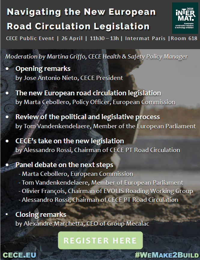 CECE_Europe's tweet photo. 📢 Don't forget to register to the CECE Public Event - Navigating the New European #RoadCirculation Legislation ❗️

Don't miss out on engaging with speakers from @EU_Commission and @Europarl_EN and register now👉 https://t.co/TFK2ZQ794w

#CECEatIntermat @intermatparis https://t.co/cvVqL5eZXM