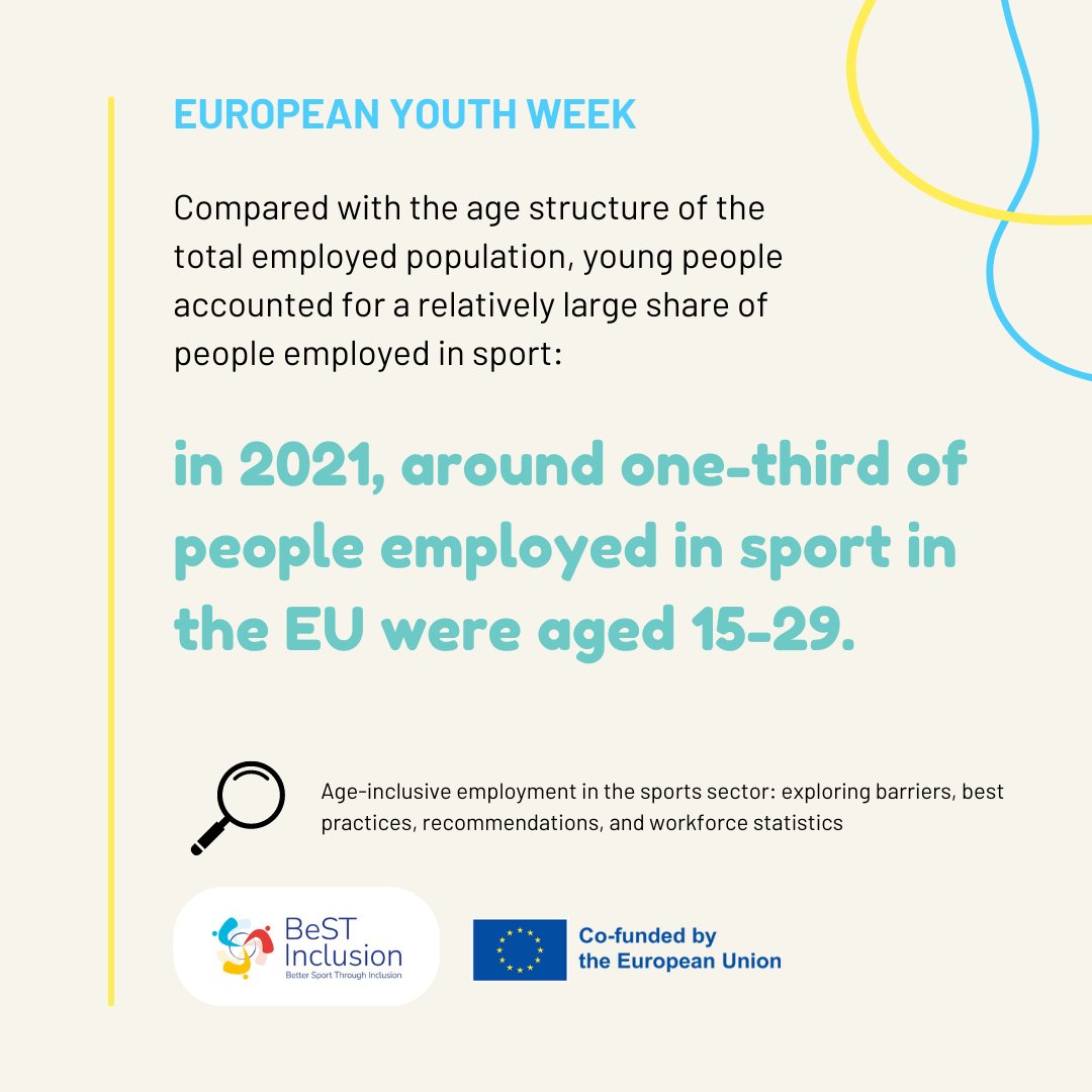 #EUYouthWeek 🇪🇺 Did you know 🤔 that in 2021, around one-third of people employed in sport in the EU were aged 15-29. Find more info in the #ErasmusPlus Best Inclusion project and research 📊 easesport.eu/discover-studi… #youthsport #SportEmployment