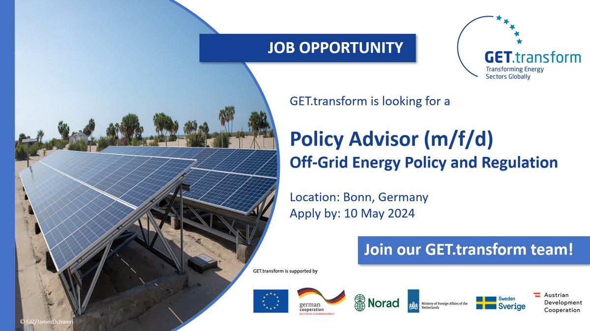 📢Join us in shaping regulations and policies to accelerate the transition to sustainable energy solutions. Apply by 10 May: jobs.giz.de/index.php?ac=j… #Hiring #JobAlert #RenewableEnergyJobs