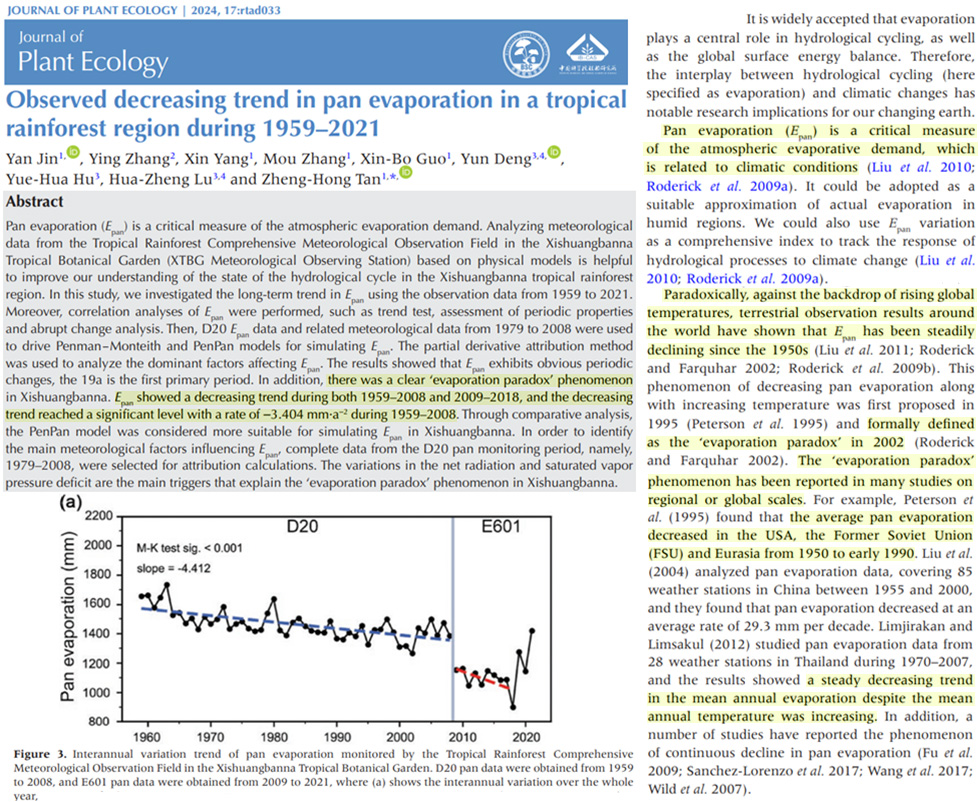 New study: Evaporation is supposed to increase with warming. But 'observation results around the world have shown that evaporation has been steadily declining since the 1950s' - the 'evaporation paradox'. So either models are wrong or it hasn't warmed.🤔 watermark.silverchair.com/rtad033.pdf