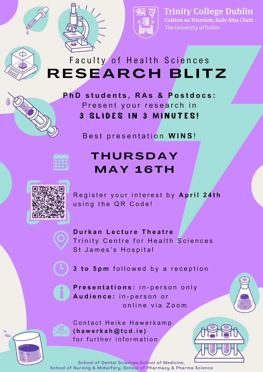 Join the Faculty of Health Sciences upcoming Research Blitz on Thursday, 16 May, where PhD students, RA's and Postdocs will be communicating their research through 3 slides in 3 minutes. Register to participate: docs.google.com/forms/d/e/1FAI… Attend online: tcd-ie.zoom.us/webinar/regist…