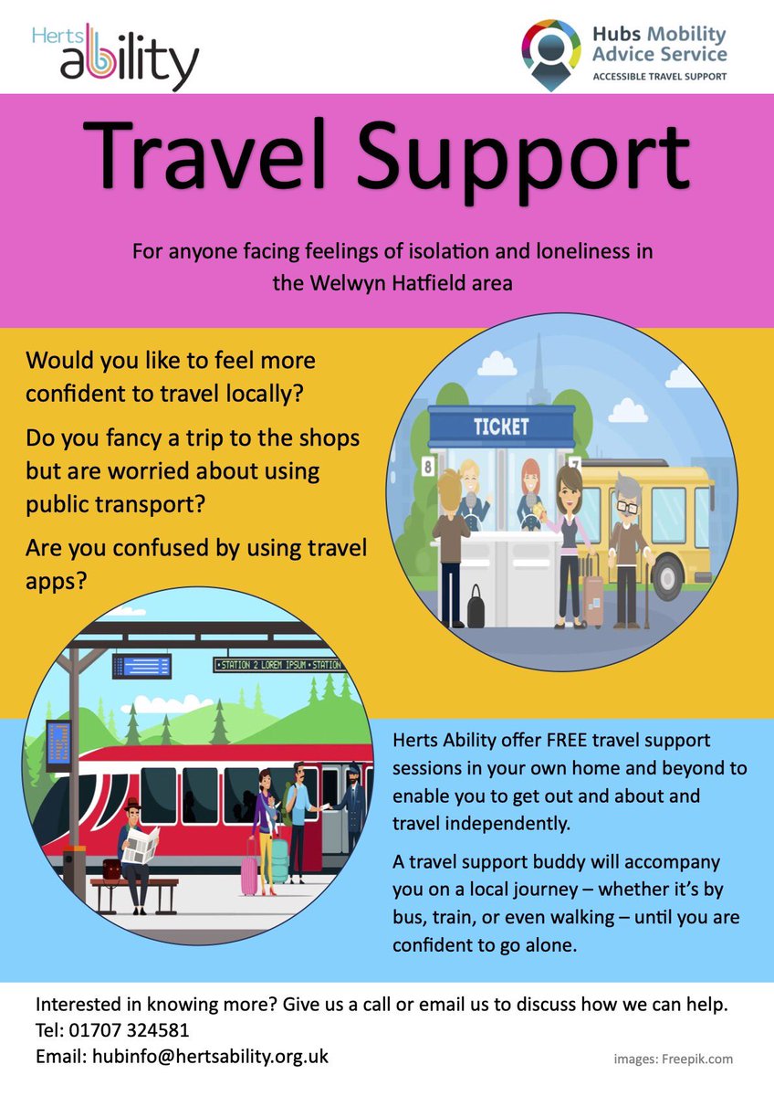 📣 Please share to make people aware! 📣 Welwyn Hatfield Travel Support!  This #FREE service by Herts Ability is for anyone facing feelings of isolation and loneliness in the Welwyn Hatfield area. #TravelSupport #Welwyn #Hatfield #Accessibility #Independence #PublicTransport