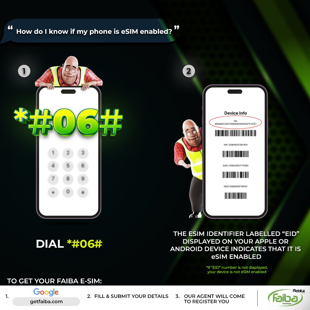 An eSIM is a small chip located inside many smart phones & tablets that you can use to connect to cellular networks without the need for a physical SIM card. Dial *#06# to know if your phone is eSIM enabled. Click getfaiba.com & our agent will come register you.