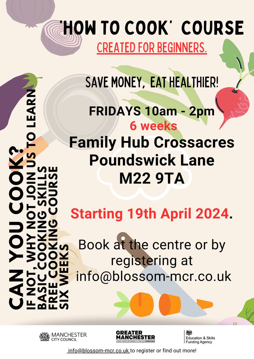 New HOW TO COOK course starts Friday 19th this week. 6 weeks to learn how to cook from scratch, eat healthier and spend less on weekly food. Book on Info@blossom-mcr.co.uk or message. Last few places. It's FREE too! @ManCityCouncil @MCRparks_ @CD_WCHG