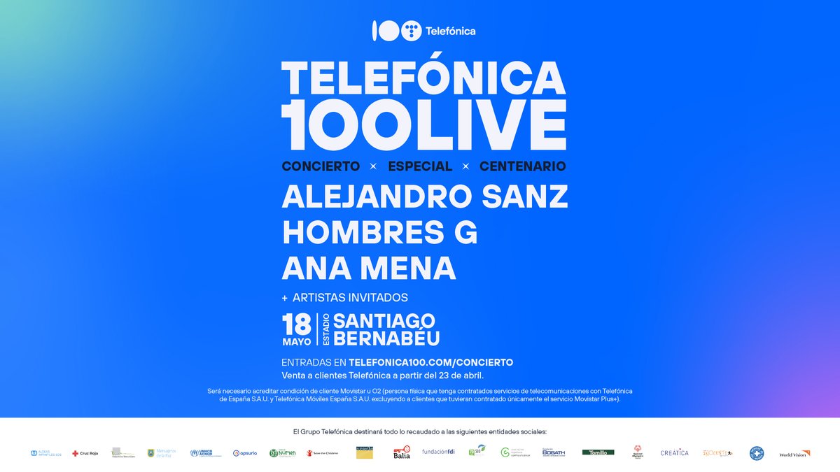 Telefónica (@telefonica) on Twitter photo 🎤 ¡Nos vamos de concierto! Te presentamos el #Telefónica100Live. <a href="/AlejandroSanz/">Alejandro Sanz</a>, <a href="/HombresG/">Hombres G Oficial</a> y <a href="/AnaMenaMusic/">Ana Mena</a> te esperan en un concierto muy especial para celebrar nuestro Centenario.
🎟️ Podrás comprar tus entradas a partir del 23 de abril si eres cliente de Telefónica. 🎤 ¡Nos vamos de concierto! Te presentamos el #Telefónica100Live. <a href="/AlejandroSanz/">Alejandro Sanz</a>, <a href="/HombresG/">Hombres G Oficial</a> y <a href="/AnaMenaMusic/">Ana Mena</a> te esperan en un concierto muy especial para celebrar nuestro Centenario.
🎟️ Podrás comprar tus entradas a partir del 23 de abril si eres cliente de Telefónica.