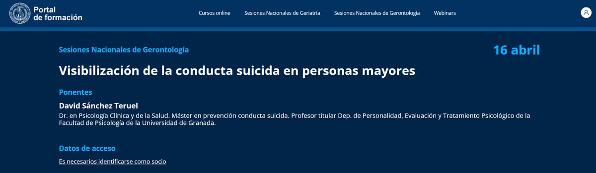 Recuerda que hoy tienes una cita a las 14:30 con @dsanchezteruel que hablará de ‘Visibilización de la conducta suicida en personas mayores’ en nuestra Sesión Nacional de Gerontología. formacion.segg.es/#!/sesiones-na… #formacionsegg #64congresosegg