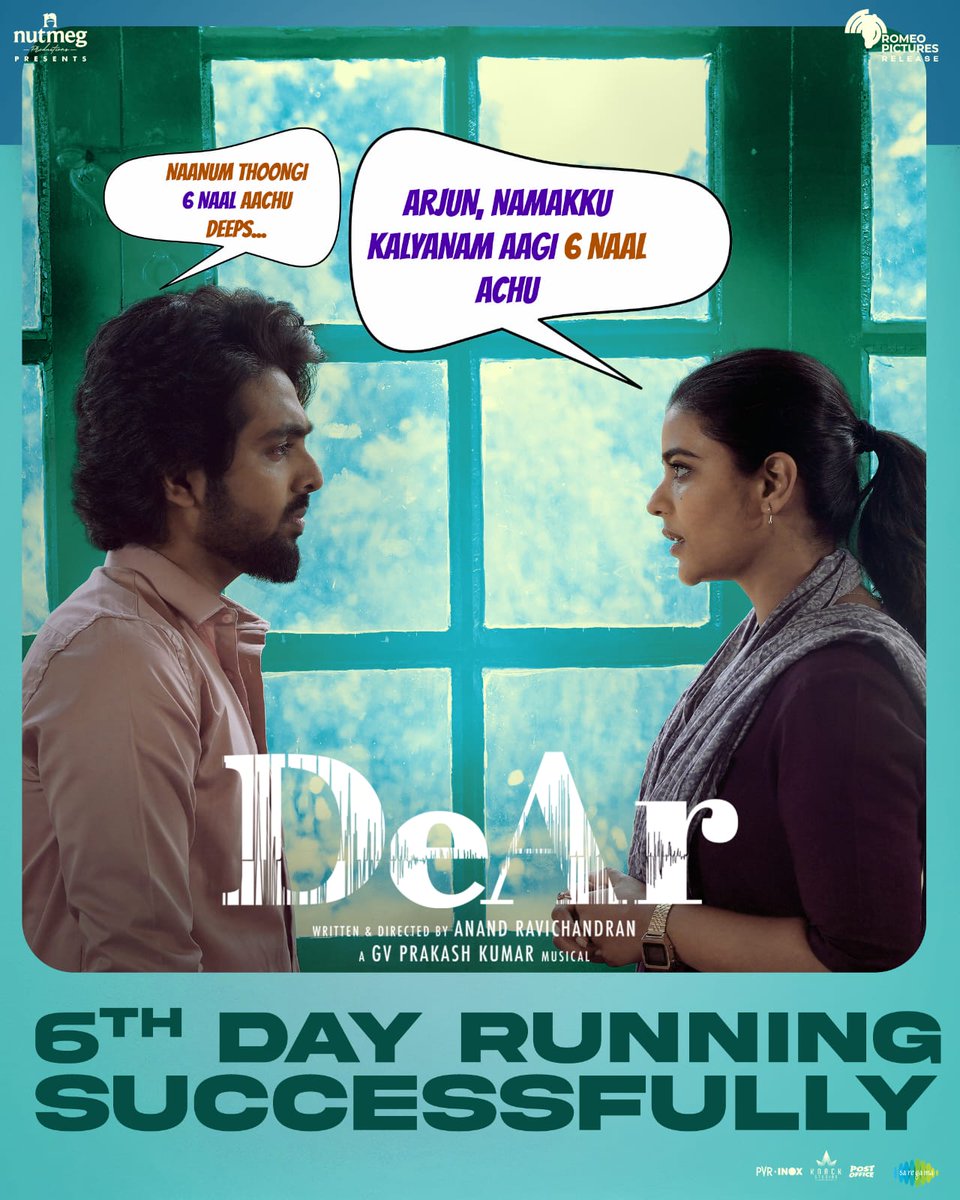 Its Day 6 for this sweet tale of love and laughter ❤️ 

#DeAr - catch this breezy romantic entertainer in theatres now! 

@tvaroon #AbhishekRamisetty #PruthvirajGK @mynameisraahul #RomeoPictures @saregamasouth @gvprakash @aishu_dil @Anand_Rchandran @proyuvraaj
