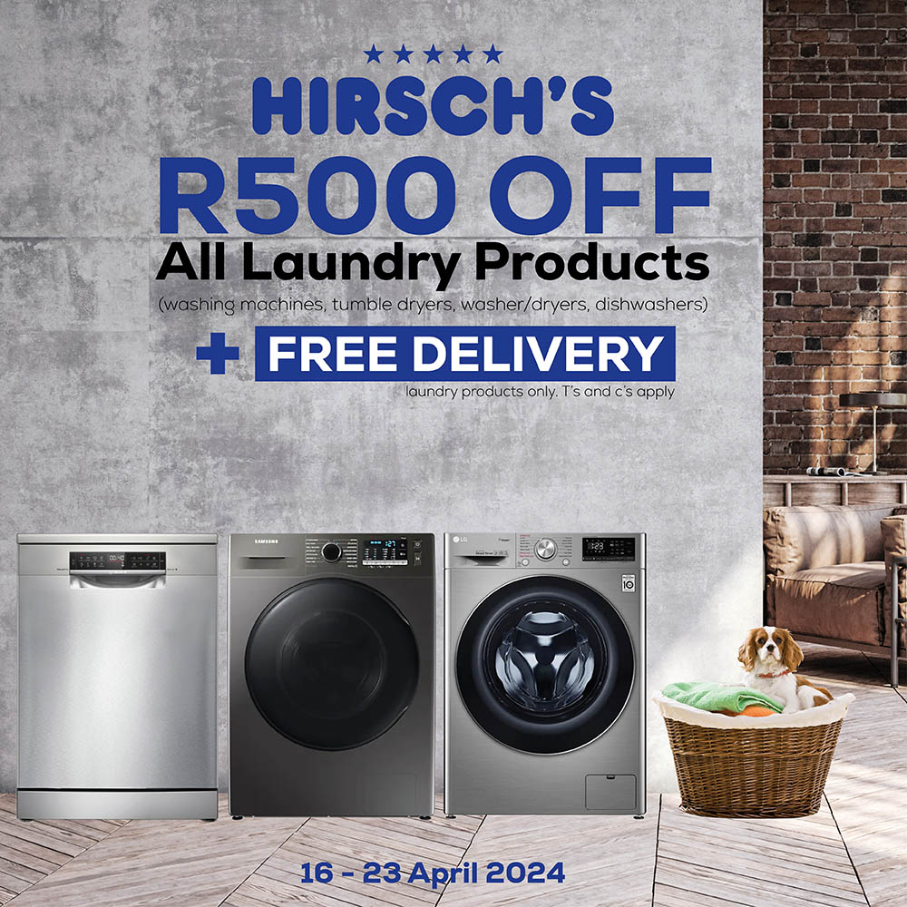 🧺 Dive into freshness with Hirsch's Laundry Sale! From April 16th to April 23rd, 2024, get a minimum R500 off on all laundry products PLUS enjoy Free Delivery! 🚚✨ Shop in-store or online - bit.ly/3xEJrTX