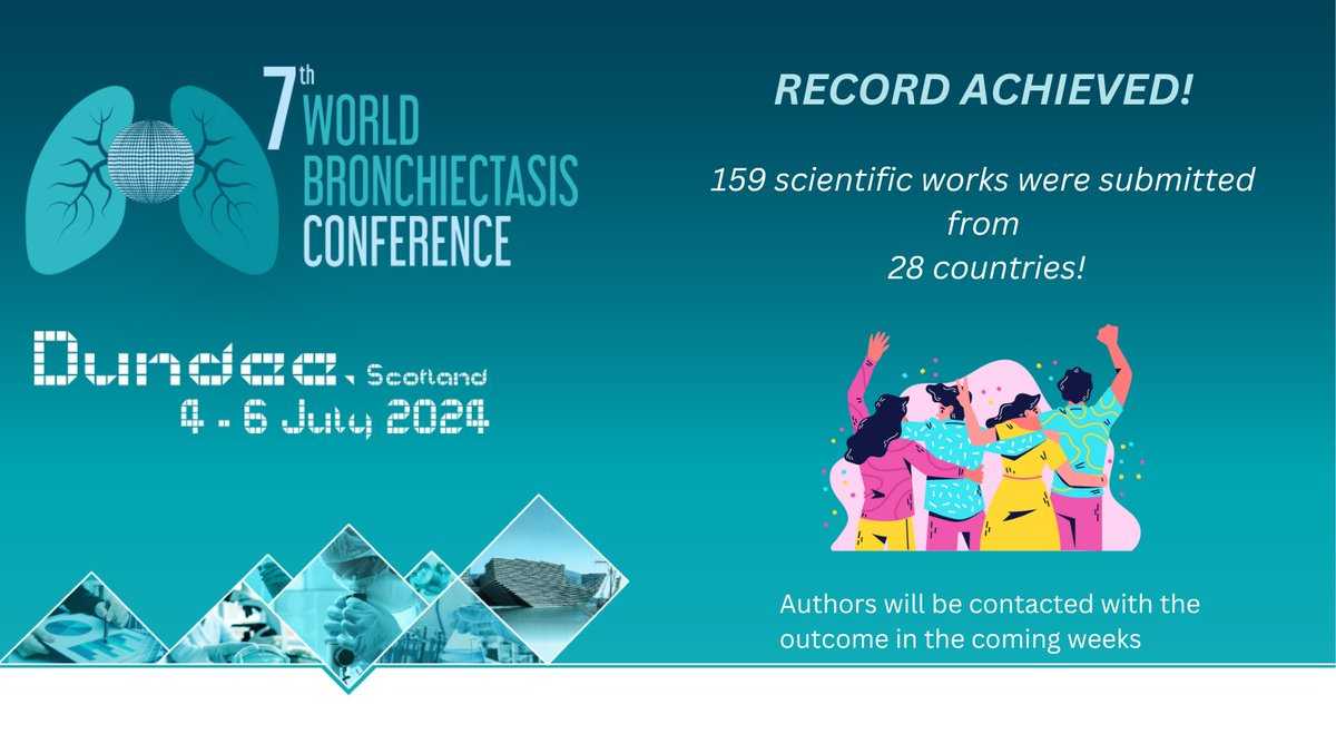 #WBConf24 🙏 Thank you to all submitters for contributing in achieving this record! ✏️ Missed the deadline? You still have a chance to submit your abstract for poster presentation! 📅24 May - 10 June 2024 View topics: world-bronchiectasis-conference.org/2024/ 📅4-6 July 2024 🌍Dundee, Scotland