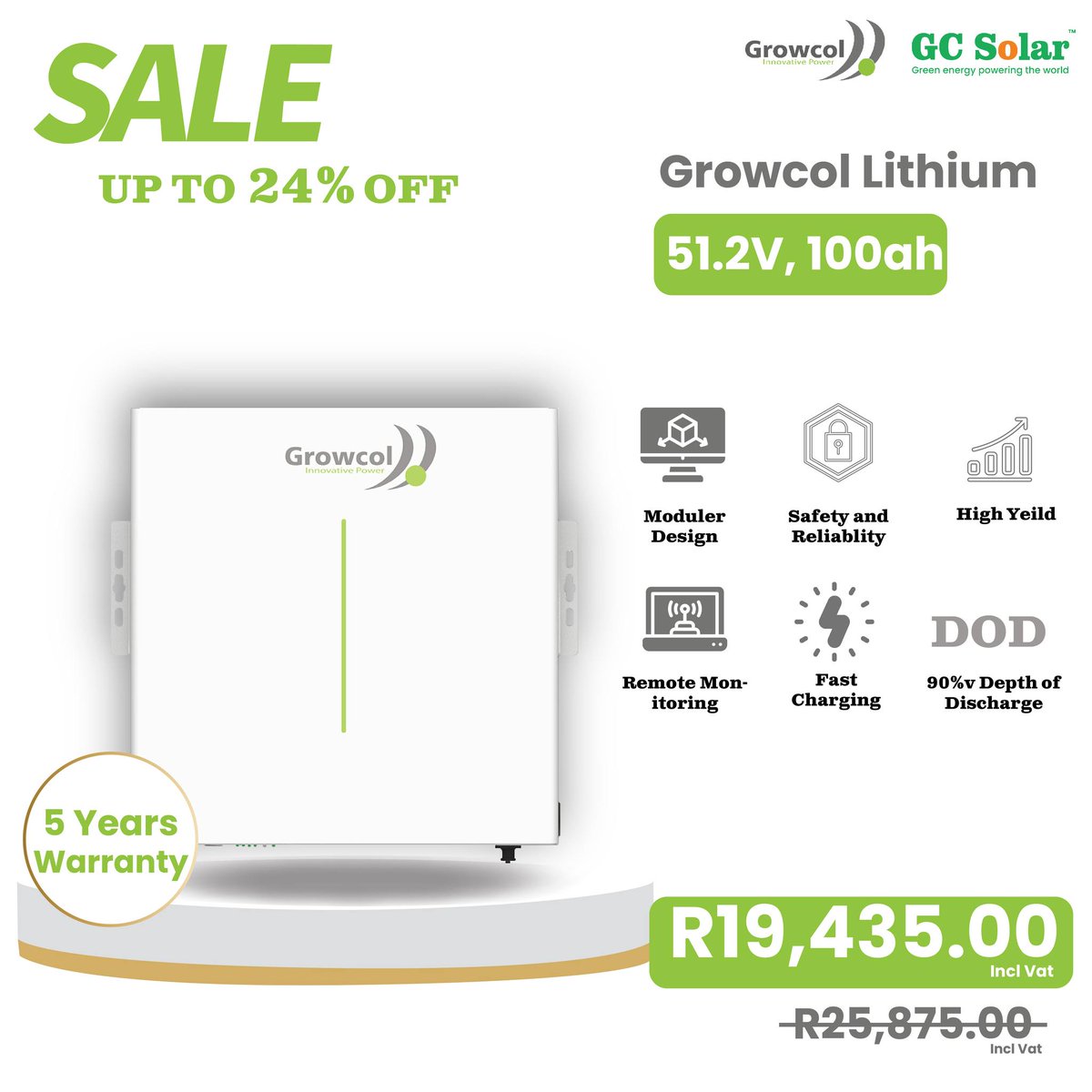 GCSolarSolution's tweet image. Power Up and Save Big with the Growcol Lithium Battery Sale!
Don&apos;t miss out on this electrifying deal! Get up to 24% off on the Growcol Lithium Battery.
Get yours today !
Click the link for more information:
onlineshop.gcsolar.co.za/.../growcol-li…