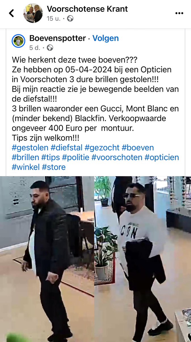 Hier kan ik echt boos om worden: ken mijn opticien Roy al sinds 2006. Toen begon hij net bij Bentley Opticiens in Voorschoten en met hard werken heeft hij de zaak mogen overnemen en veel moeten investeren in een nieuwe winkel. Komen er twee van die paupers stelen. Delen? Graag.