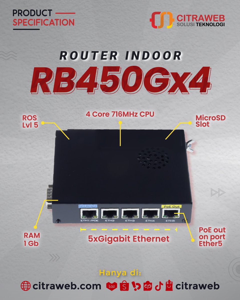 mikrotik_id's tweet photo. MikroTik RB450Gx4 merupakan produk Router Indoor yang dibekali dengan CPU quad core ARM 716MHz yang support untuk IPsec Hardware accelerations dengan 5x Gigabit Ethernet.
Pembelian bisa melalui:
๐https://t.co/o2TnlOxvtd
#RB450Gx4 #RouterIndoor #MikroTik #MikrotikID #Citraweb https://t.co/mueKVZySEd