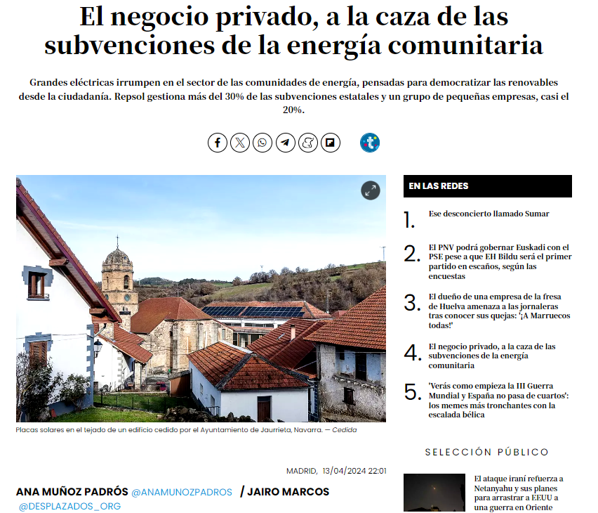 La burbuja de las comunidades de energía... con 'las grandes' siempre están al acecho para no perder su parte del pastel. Investigación apoyada por @journalismfund publico.es/sociedad/negoc…