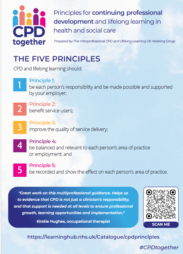 RCSLTLearn's tweet photo. Have you heard of the Joint Principles of CPD?
They are principles to support access to #CPD in the health & care workforce: at individual, employer and system level. Developed by a group of 20+ health & care professional bodies & unions.
https://t.co/TAMjReUYCn
#CPDTogether https://t.co/NMipffvQXW