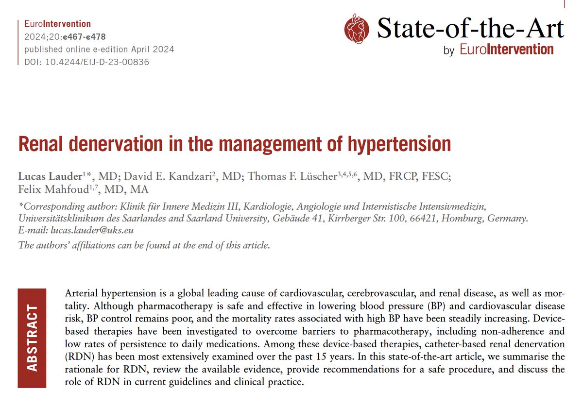 In this new state-of-the-art article, the authors summarize the rationale for renal denervation, review the available evidence, provide recommendations for a safe procedure, and discuss the role of renal denervation in current guidelines and clinical practice.