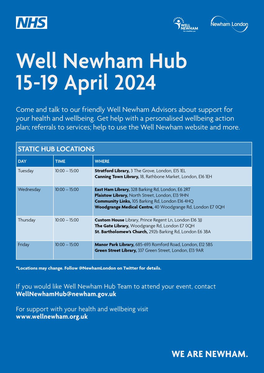 If you would like health and wellbeing support, speak to one of our advisors at our #WellNewham Hubs. For details of the hubs running at our libraries until Friday, click on the image 👇 For more information and support, visit orlo.uk/UQenY