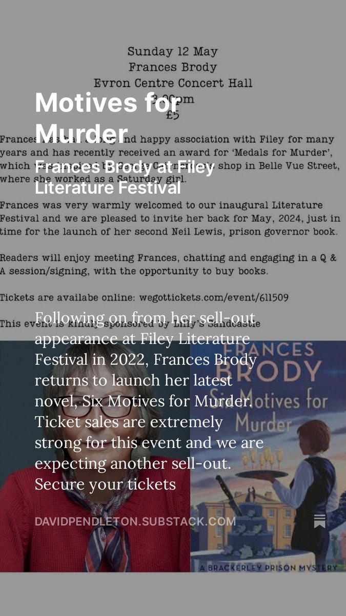 Back by popular demand! Frances Brody was a sell out when she appeared at the 2022 festival, well she's back to launch her latest book, Six Motives for Murder! open.substack.com/pub/davidpendl…