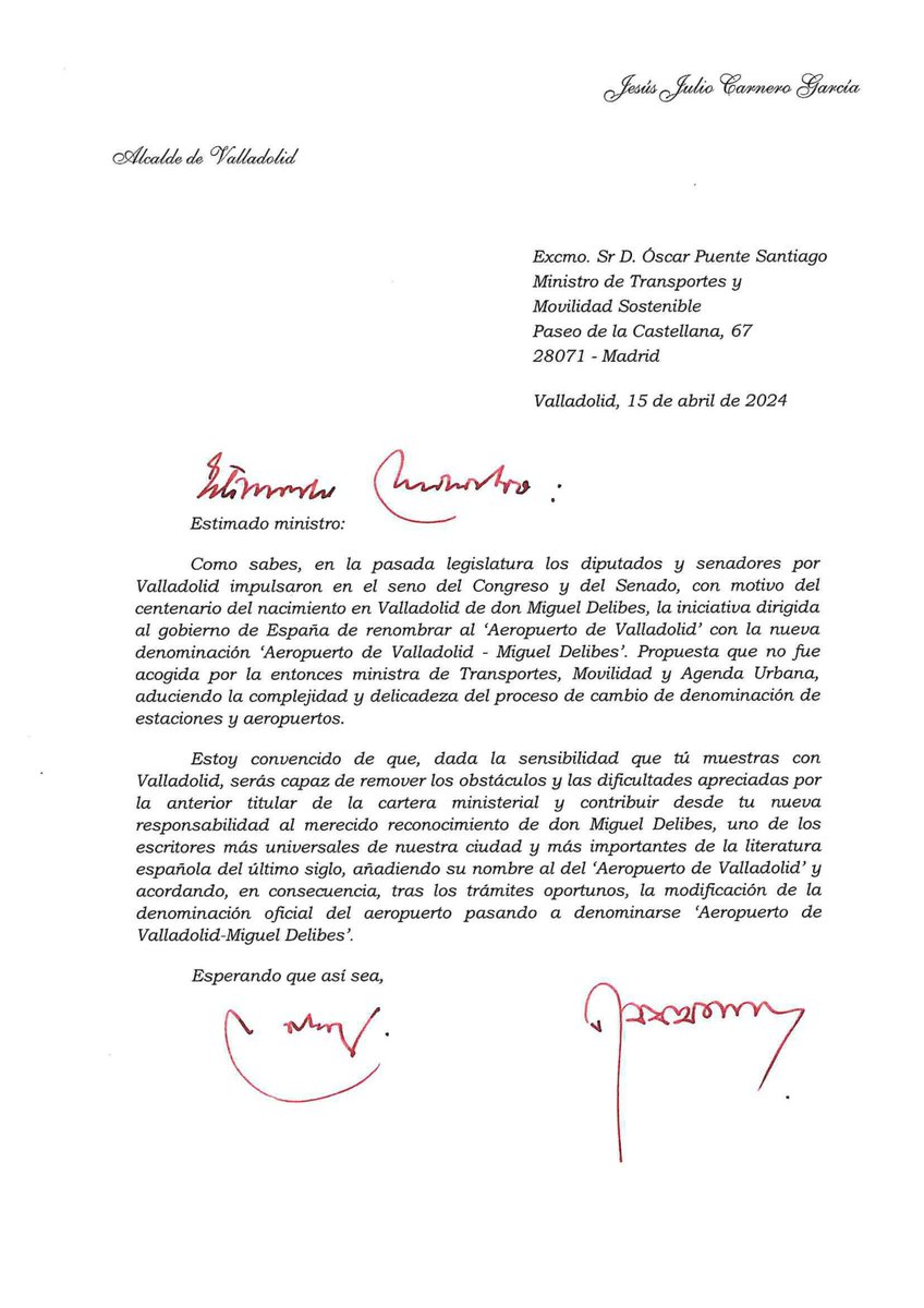 El alcalde, @JesusJCarnero, remitía en el día de ayer una carta al ministro de @transportesgob, @oscar_puente_, para que contribuya al merecido reconocimiento de D. Miguel Delibes y promueva desde la cartera ministerial que ocupa que el Aeropuerto de Valladolid lleve su nombre.👇