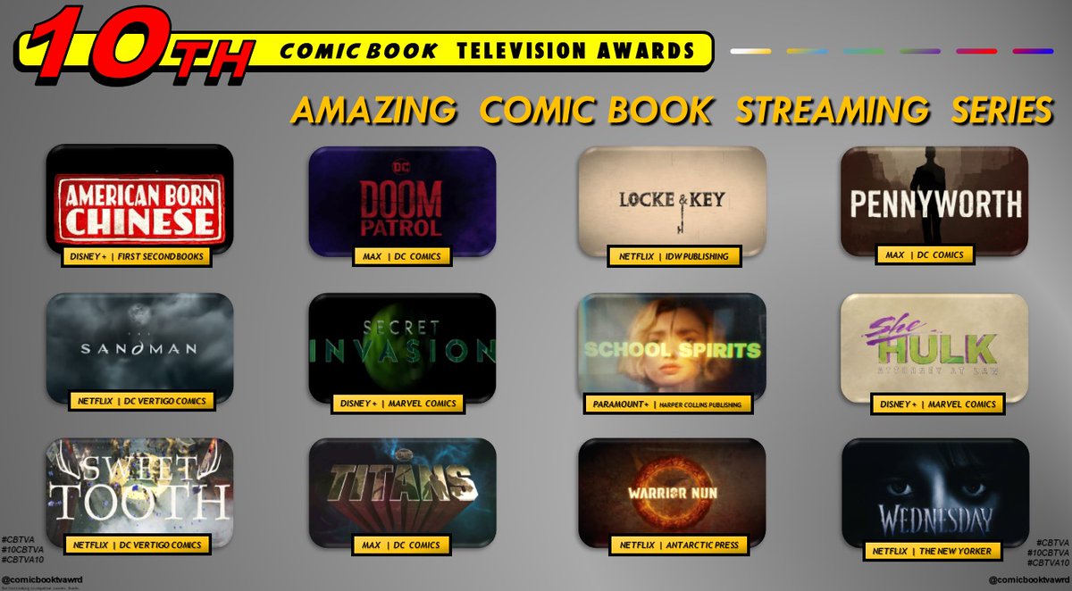 AMAZING COMIC BOOK STREAMING SERIES

#AmericanBornChinese
#DoomPatrol
#LockeAndKey
#Pennyworth
#TheSandman 
#SecretInvasion
#SchoolSpirits 
#SheHulk
#SweetTooth 
#Stargirl
#WarriorNun
#WednesdayNetflix

#CBTVA #10CBTVA #CBTVA10