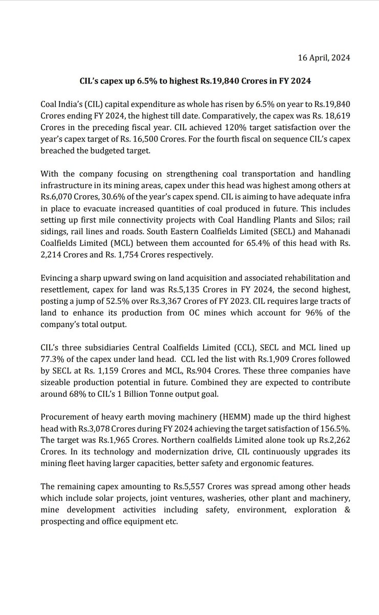 #CoalIndia’s capex has risen by 6.5% yoy to 19,840cr ending FY24, highest till date. Comparatively,the capex was 18,619cr in the preceding FY. Co is focusing on strengthening coal transportation& handling infra in its mining areas, capex under this head was highest among others.