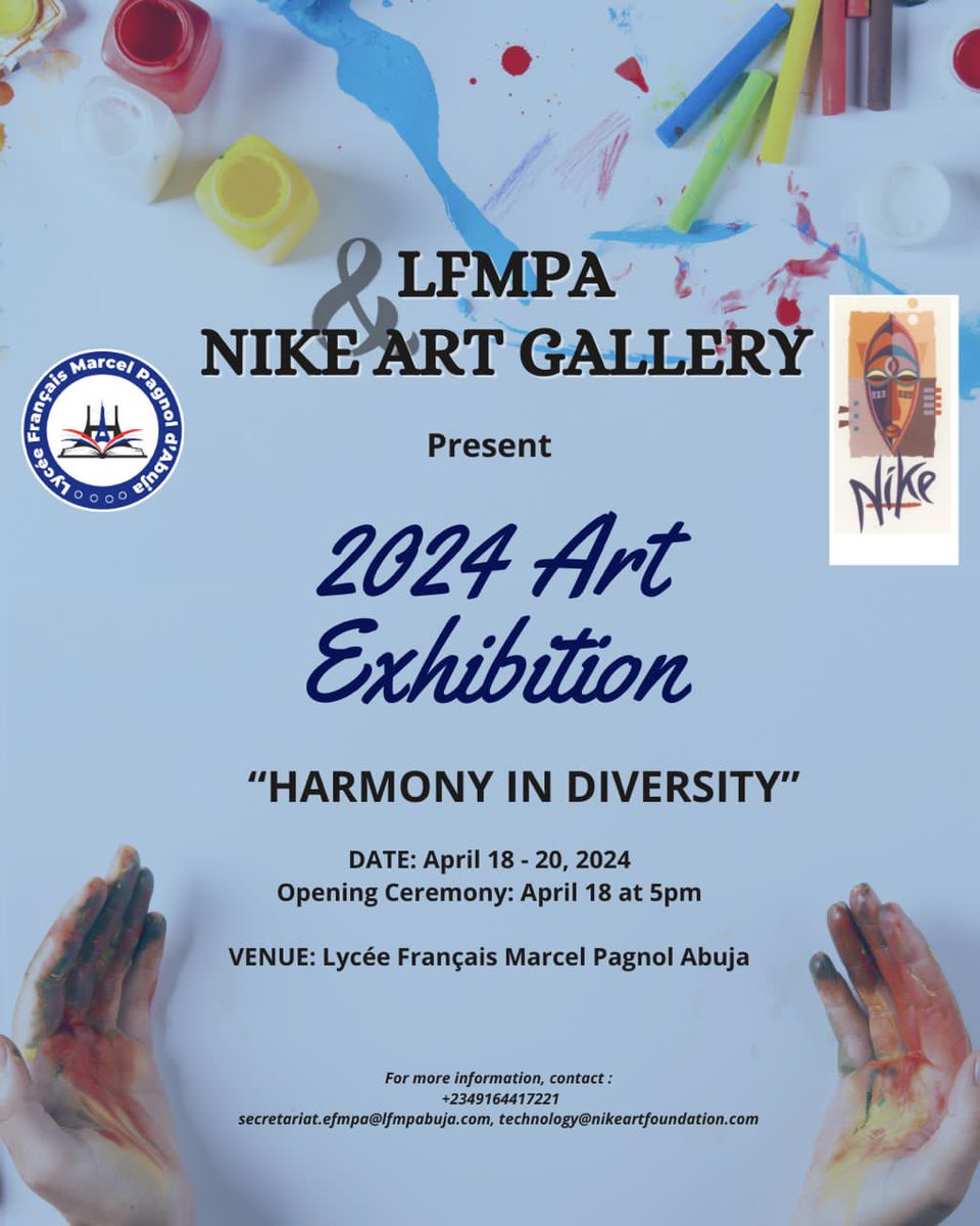 From Thursday April 18 to Saturday April 20, the NIKE ART GALLERY will be at the Lycée Français Marcel Pagnol in Abuja! Are you an art lover?… then you are cordially invited to the opening ceremony of these cultural days on Thursday, April 18, 2024 from 4:30pm