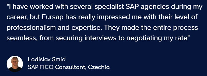 Don't just take our word for it...
Eursap - Europe's #1 SAP Recruitment Agency ⭐️⭐️⭐️⭐️⭐️
#sap #saprecruitment #sapjobs #europe #czechia #czech #hiring #hiringnow #sapfi #sapfico #sapfinance