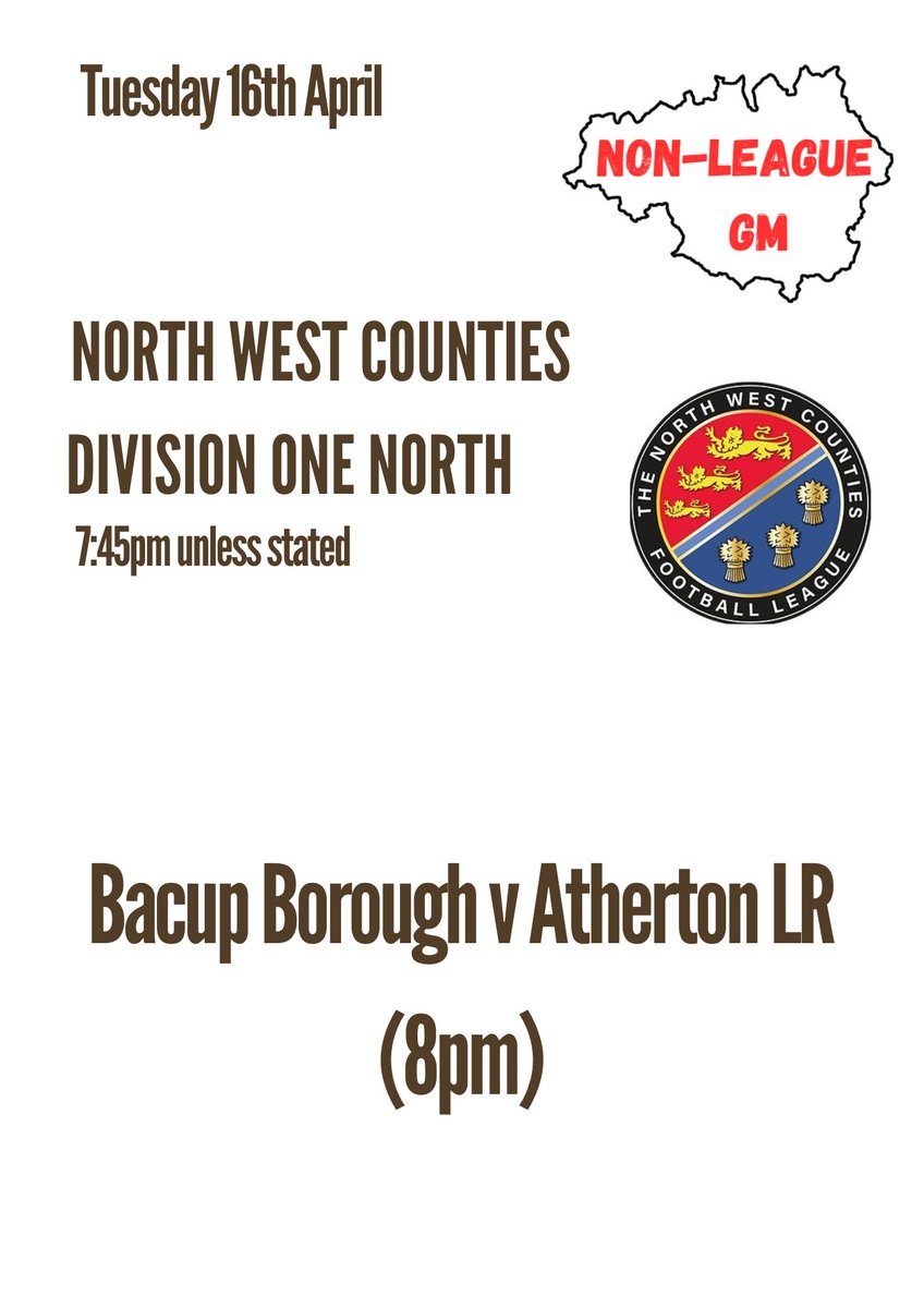 In @nwcfl Div 1 North, Bacup & @AthertonLRFC will try again after yesterday's weather