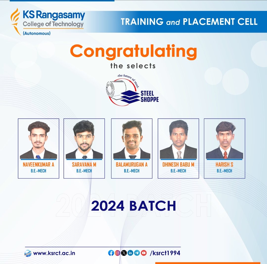 Let's hear it for all our amazing students who've reached this major milestone! Your determination & perseverance have led you to this moment, and we couldn't be prouder. Congratulations on your placement, your future is bright as your potential!
#Steel_Shoppe_india #ksrct1994