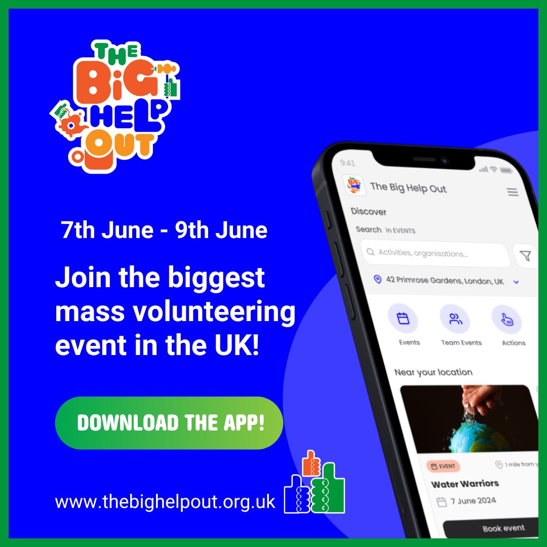 The #BigHelpOut app has launched! Thousands of charities do incredible work that is made possible through #volunteers. Download the app, and #LendAHand in your local area during #volunteersweek in June! 📲 bit.ly/Signup-BHO-App