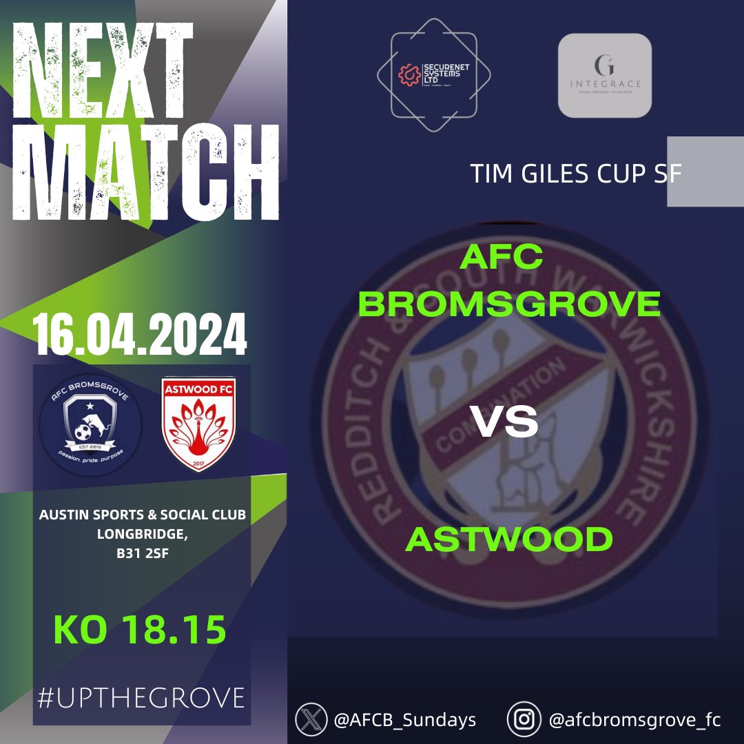 FIXTURE 》

Another semi final tonight for the lads, which sees us face Astwood for the second time in a week, after a cagey affair which saw no goals for either side last Thursday there is no doubt this will be another tough game. 

All support appreciated 👏🏽

#UpTheGrove🦁