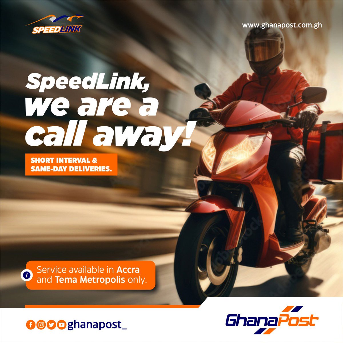 ghanapost_'s tweet image. As part of our Courier Services, Ghana post has Speedlink. This is a call away service that focuses largely on short interval deliveries and same-day deliveries.

Speedlink is very affordable and competitive in terms of delivery speed and reliability.

#GhanaPost
#Speedlink