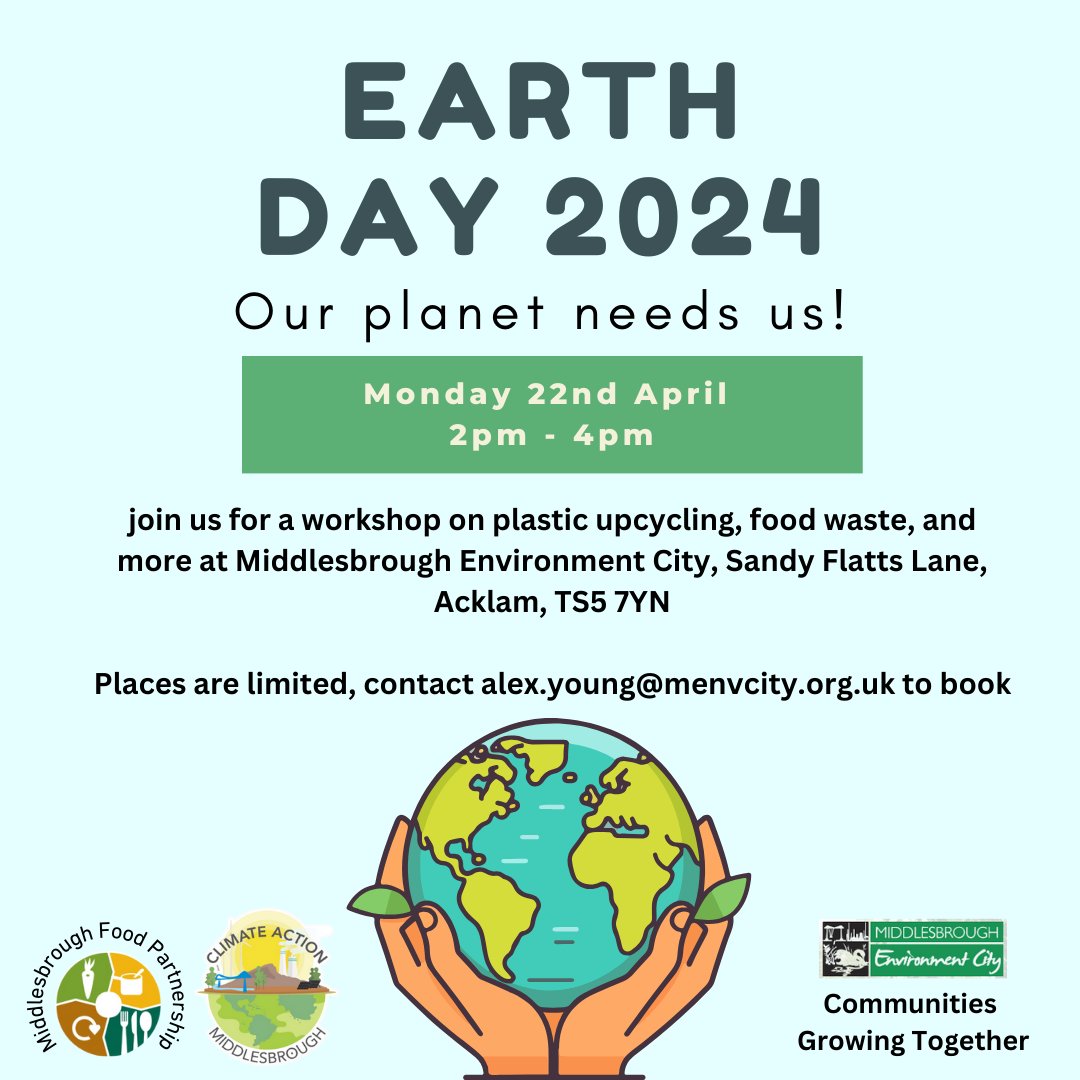 There's a few spaces left on the #EarthDay2024 workshop run by our Communities Growing Together project, @CAMiddlesbrough and @BoroFoodPship. Join us for a workshop on plastic upcycling and food waste, with craft activities and more! Book by emailing Alex.Young@menvcity.org.uk.