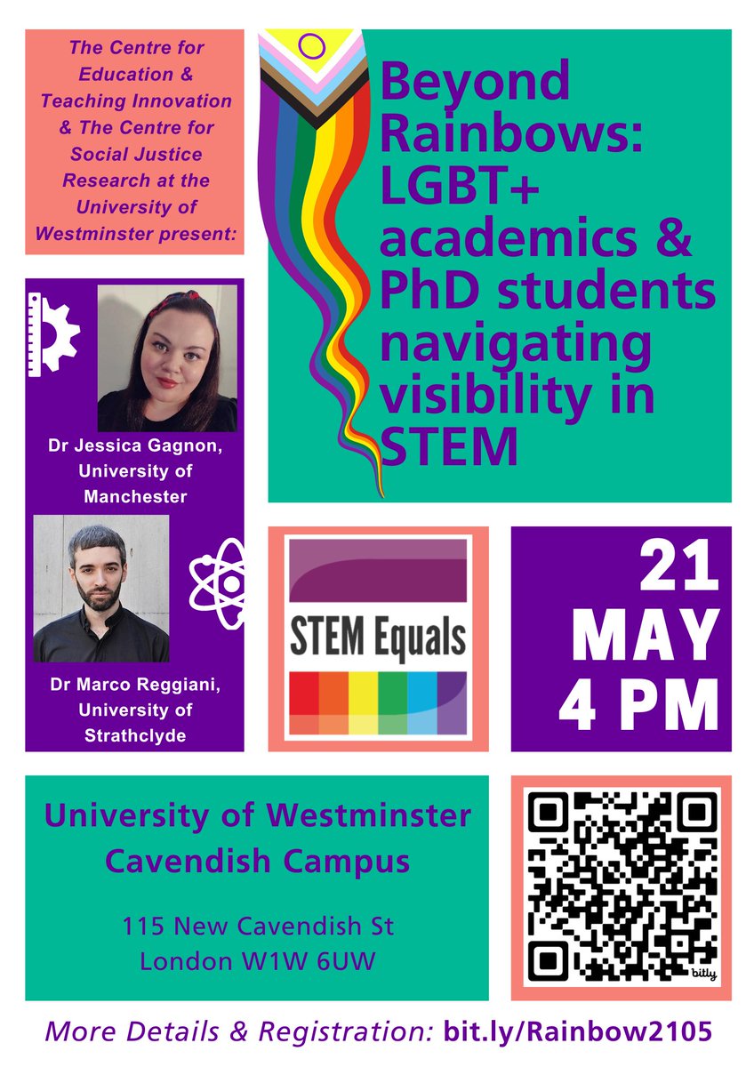 Beyond Rainbows: LGBT+ academics’ and PhD students’ navigating visibility in STEM! Join @Jess_Gagnon & @marcoreggiani_ on 21 May, 4-5 pm at @UniWestminster Cavendish campus! Registration and details here: bit.ly/Rainbow2105