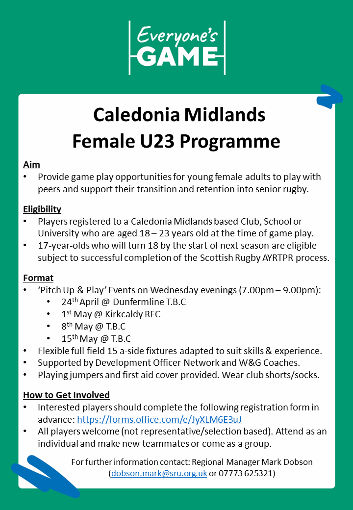 MarkDobsonRugby's tweet photo. Fantastic opportunity for female rugby players aged 18 - 23 to play with peers at upcoming events to support transition and retention into senior rugby 🏉

24th April @dunfermlineRFC

1st May @kirkcaldyrugby

8th May @Grangemouth_RFC

15th May @DundeeRugbyClub

Full Details ⬇️ https://t.co/cAQAC6fckt