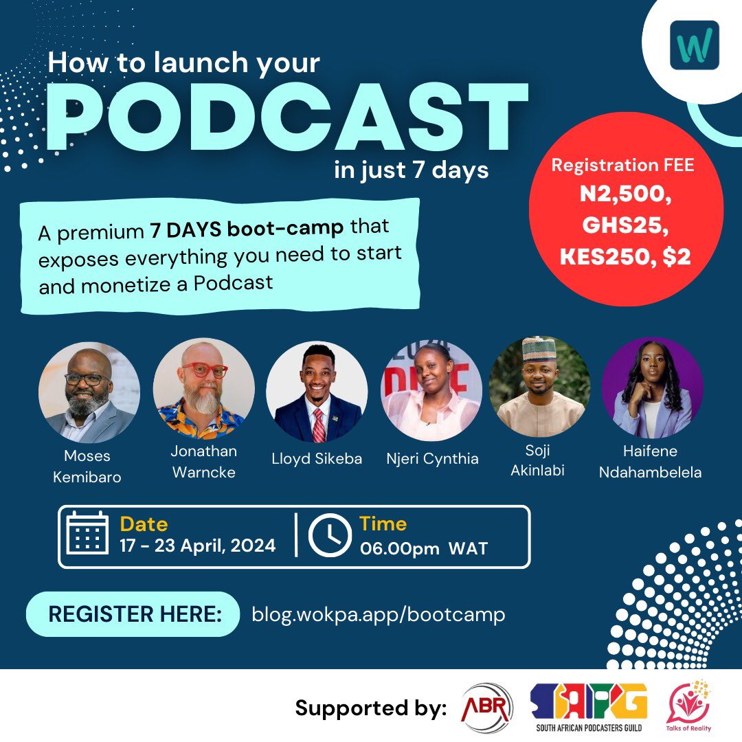 🌟 Exciting News! 🌟
Join me on April 20, 2024, for a game-changing 7-day podcasting bootcamp with @getwokpa! 💡 Unlock the secrets of successful podcasting and craft captivating episodes. Registration is affordable for all backgrounds! Secure your spot now:  🚀 #PodcastBootcamp