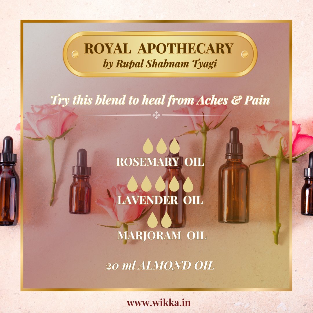Aromatherapy Expert, Perfumer and Organic Skincare Formulator, Rupal Shabnam Tyagi shares the recipe to help you get relief from various aches and pain.
✓Rosemary (3 drops)
✓Lavender (5 drops)
✓Marjoram (2 drops)
✓20 ml Almond oil

#RoyalApothecary #essentialoils #painrelief
