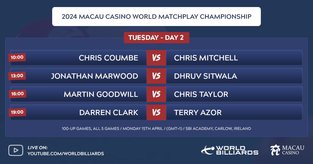 🏆 2024 MACAU CASINO WORLD MATCHPLAY | WATCH LIVE 🇮🇪 Day two gets underway at 10am BST and you can watch it LIVE on our official YouTube channel ➡️ youtube.com/worldbilliards Check out the full live stream schedule for today below: #WorldBilliards