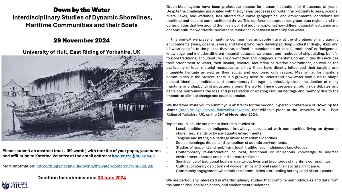 The cfp for the next down by the water conference at <a href="/UniOfHull/">University of Hull</a> is now out! Even not on a #maritimemonday still things go on!