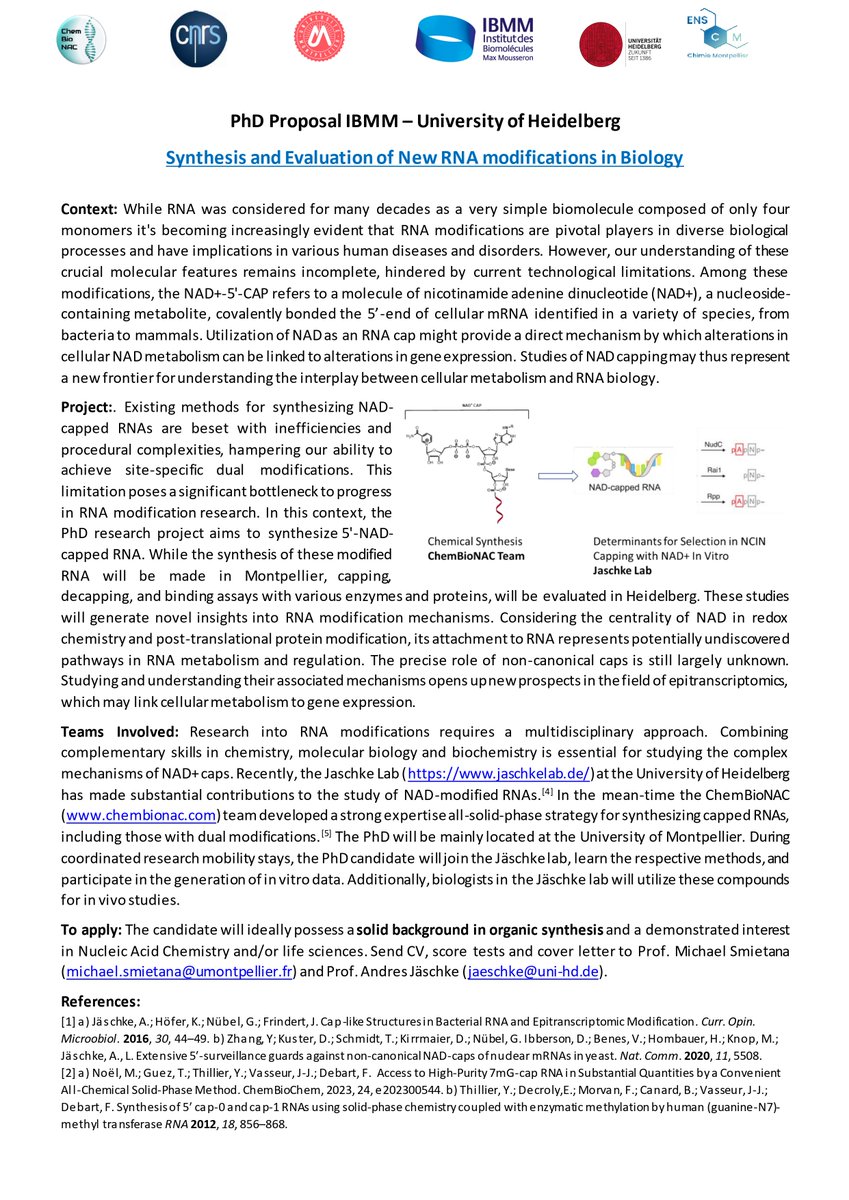 Michael Smietana (@smietana_m) on Twitter photo 📢New PhD position available in our lab in collaboration with <a href="/JaeschkeLab/">Jaeschke Lab</a> developing new RNA modifications. We are looking for an organic chemist with an interest in life sciences. To apply : tinyurl.com/54fmm8bj
<a href="/enscmchimiemtp/">enscm chimie mtp</a> <a href="/umontpellier/">Université de Montpellier</a> <a href="/IBMM_Balard/">IBMM - Institut des Biomolécules Max Mousseron</a> <a href="/ChemBioNAC/">ChemBioNAC</a>
PLS RT 📢New PhD position available in our lab in collaboration with <a href="/JaeschkeLab/">Jaeschke Lab</a> developing new RNA modifications. We are looking for an organic chemist with an interest in life sciences. To apply : tinyurl.com/54fmm8bj
<a href="/enscmchimiemtp/">enscm chimie mtp</a> <a href="/umontpellier/">Université de Montpellier</a> <a href="/IBMM_Balard/">IBMM - Institut des Biomolécules Max Mousseron</a> <a href="/ChemBioNAC/">ChemBioNAC</a>
PLS RT