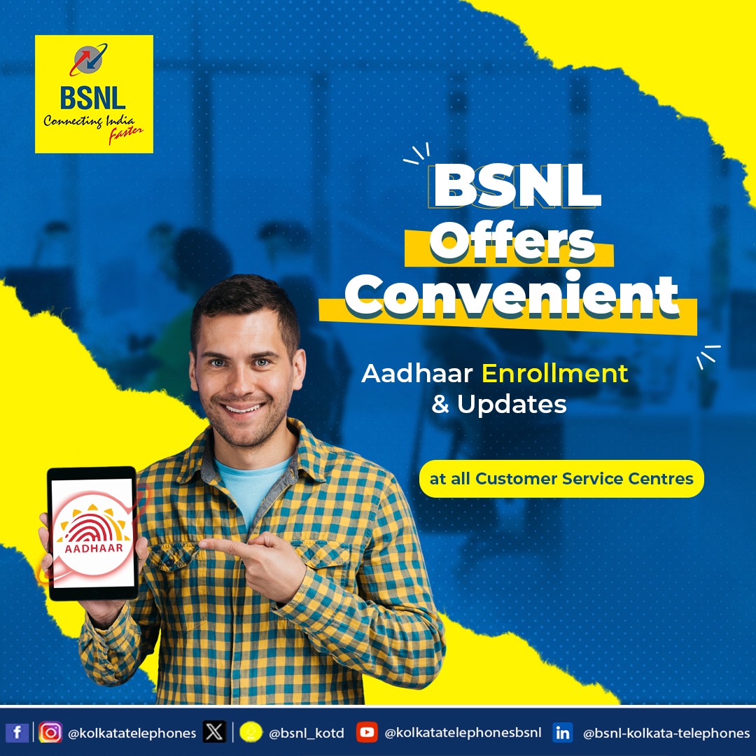 Need to enroll in Aadhaar or update your details? BSNL makes it super easy! Visit any of our customer service centres and get it done quickly and conveniently. 
  #aadharcardupdate #BSNL #customerservice #AadhaarCard #Aadhaar