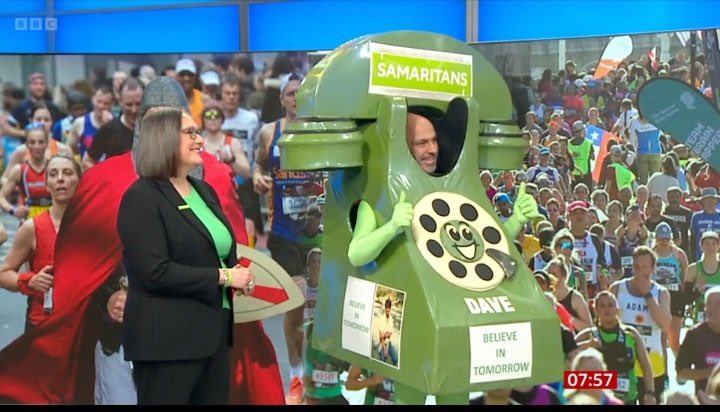 Thanks @BBCBreakfast for having Dave the running phone and me on this morning. Talking about @samaritans being @LondonMarathon charity partner #BelieveInTomorow