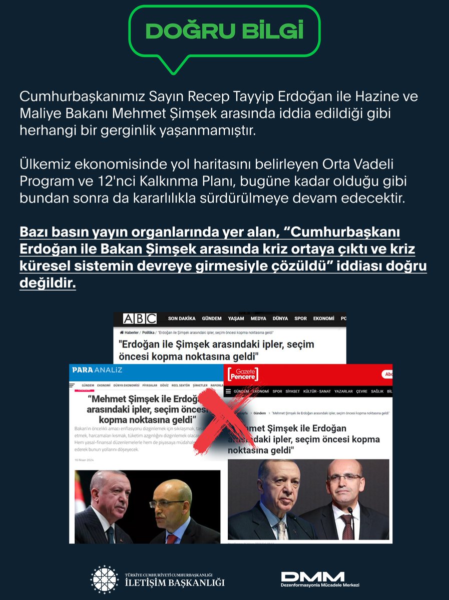 📌Bazı basın yayın organlarında yer alan, “Cumhurbaşkanı Erdoğan ile Bakan Şimşek arasında kriz ortaya çıktı ve kriz küresel sistemin devreye girmesiyle çözüldü” iddiası doğru değildir. Cumhurbaşkanımız Sayın Recep Tayyip Erdoğan ile Hazine ve Maliye Bakanı Mehmet Şimşek…