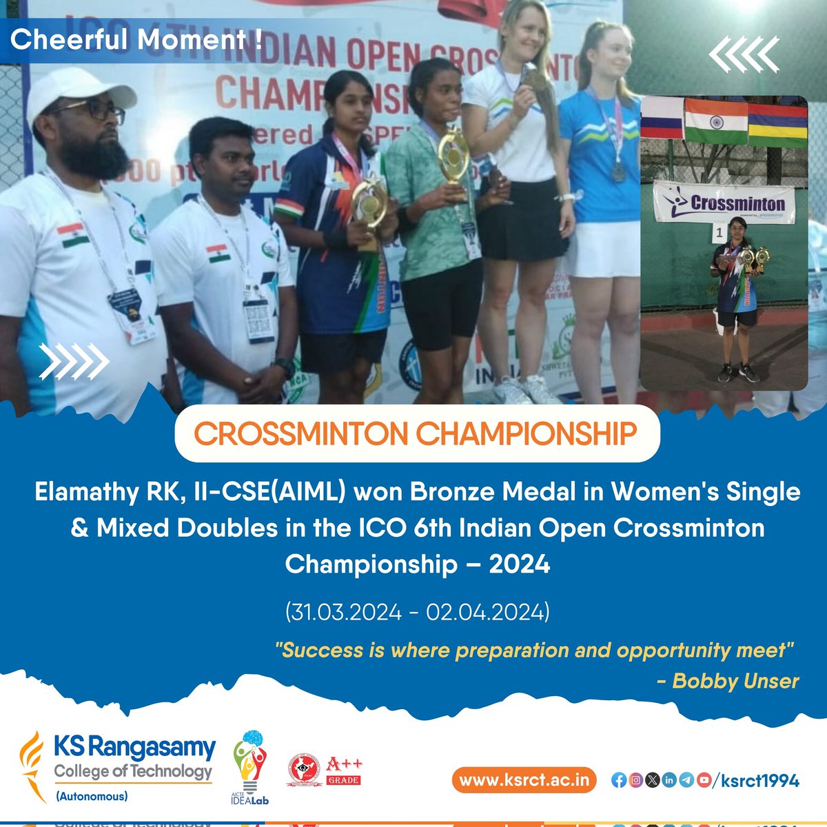 Elamathy RK, II-CSE(AIML) #KSRCTian won #BronzeMedal in Women's #Single & #MixedDoubles in the ICO 6th Indian Open #Crossminton 
#Championship – 2024. 
Kudos to her achievement !